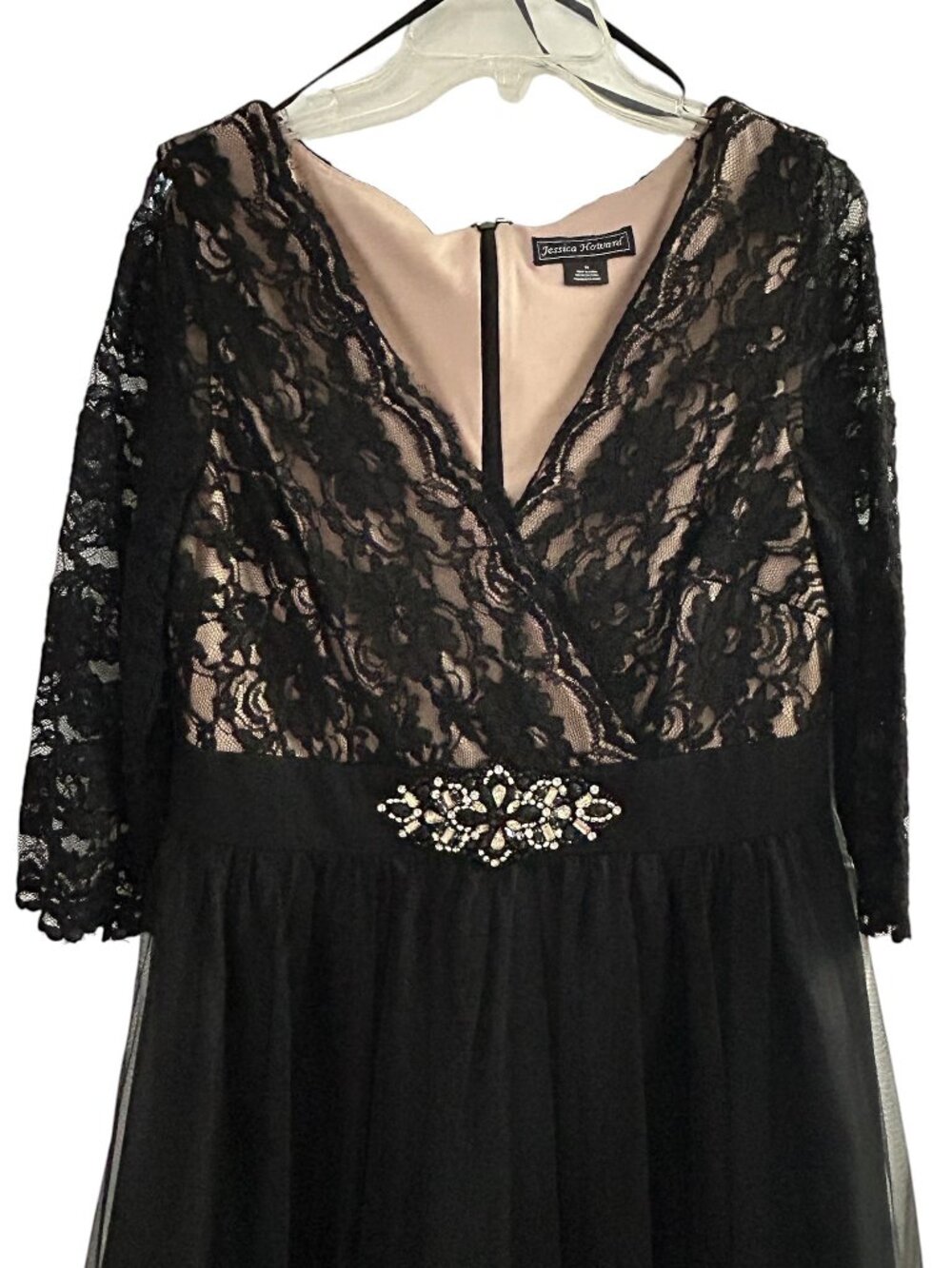 Jessica Howard Size 14 Black Lace Gown Special Occasion Dress 3/4 Sleeves Lined - Picture 2 of 9